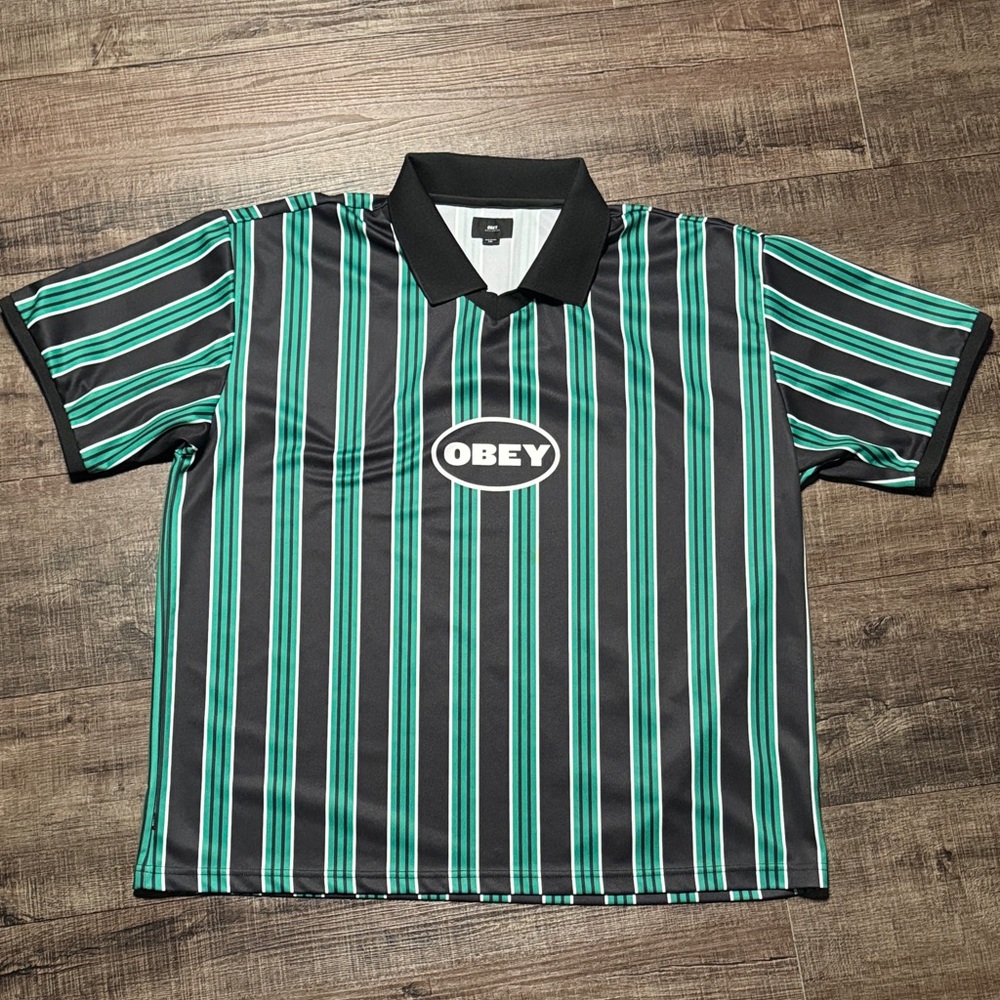 NWOT Obey Black and Green Striped Men's Shirt